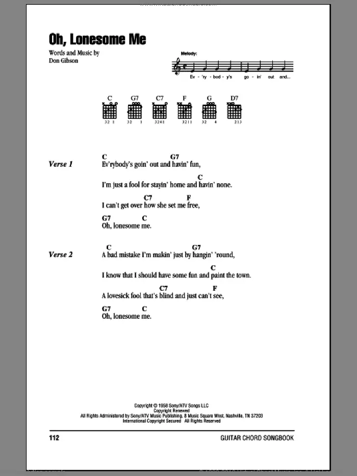 Oh, Lonesome Me sheet music for guitar (chords) by Don Gibson, intermediate skill level