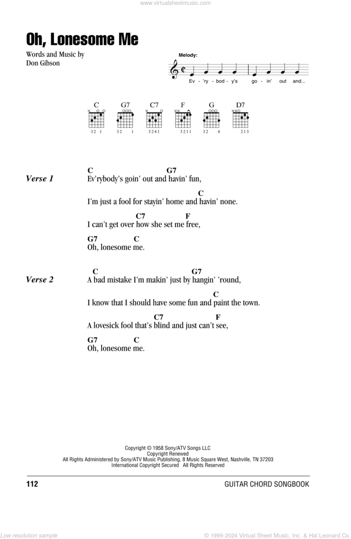 Oh, Lonesome Me sheet music for guitar (chords) by Don Gibson, intermediate skill level