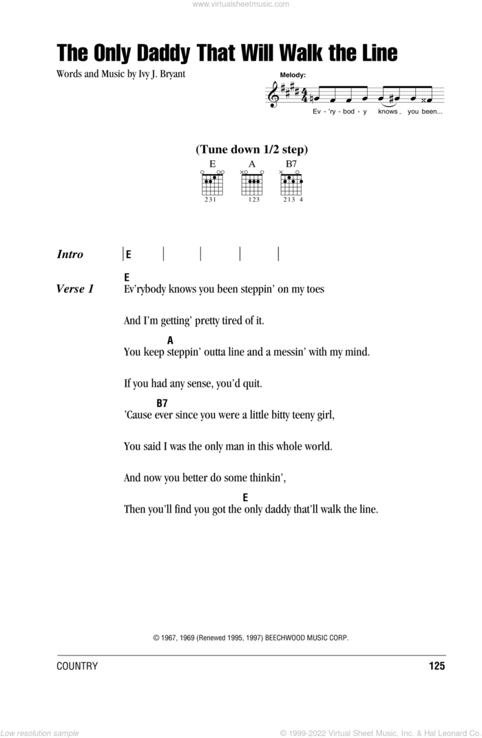 The Only Daddy That Will Walk The Line sheet music for guitar (chords) by Waylon Jennings and Ivy J. Bryant, intermediate skill level