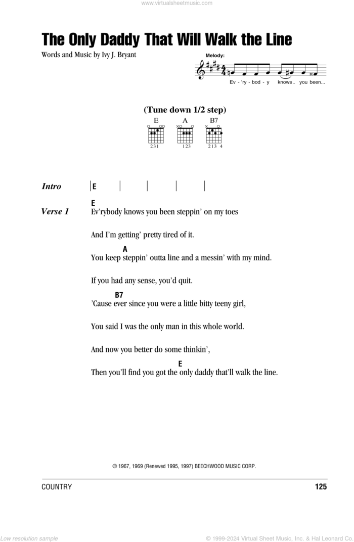 The Only Daddy That Will Walk The Line sheet music for guitar (chords) by Waylon Jennings and Ivy J. Bryant, intermediate skill level