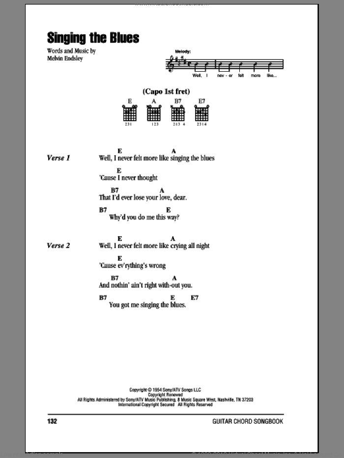 Singing The Blues sheet music for guitar (chords) by Guy Mitchell, Marty Robbins and Melvin Endsley, intermediate skill level
