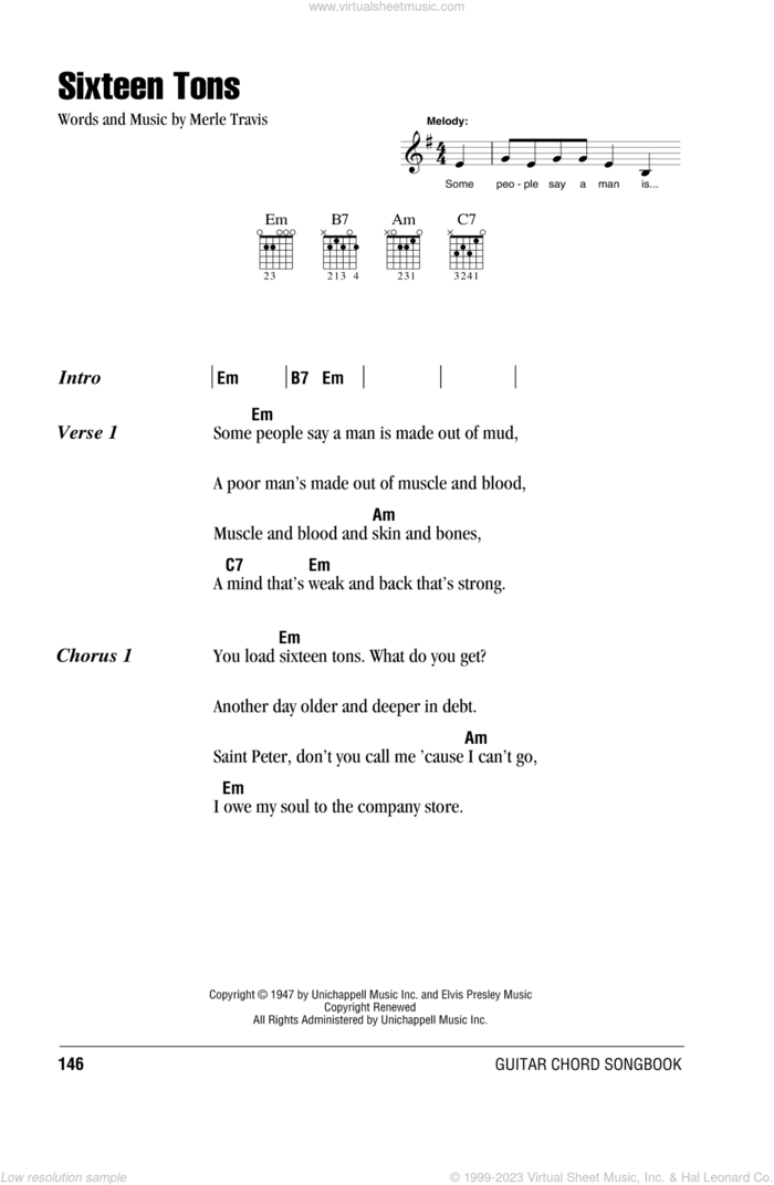 Sixteen Tons sheet music for guitar (chords) by Merle Travis and Tennessee Ernie Ford, intermediate skill level