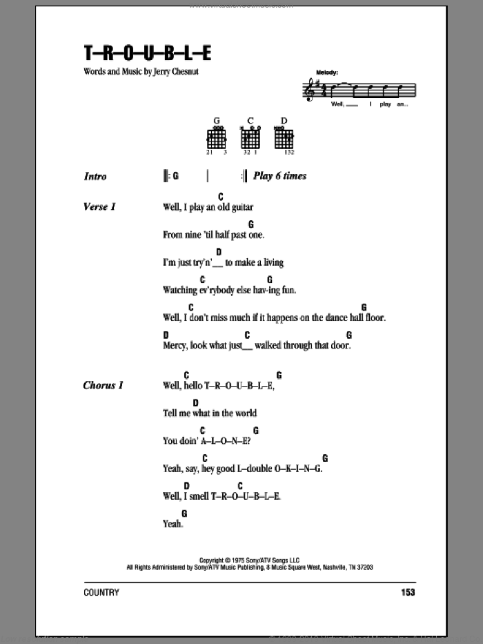 T-R-O-U-B-L-E sheet music for guitar (chords) by Elvis Presley, Travis Tritt and Jerry Chesnut, intermediate skill level