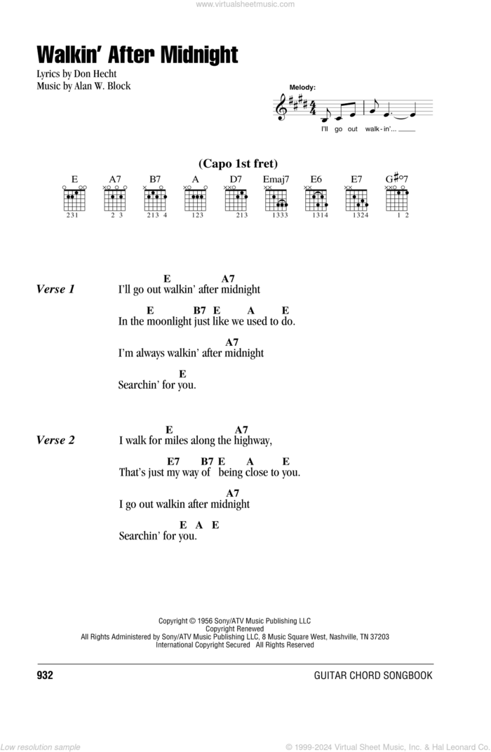 Walkin' After Midnight sheet music for guitar (chords) by Patsy Cline, Alan W. Block and Don Hecht, intermediate skill level