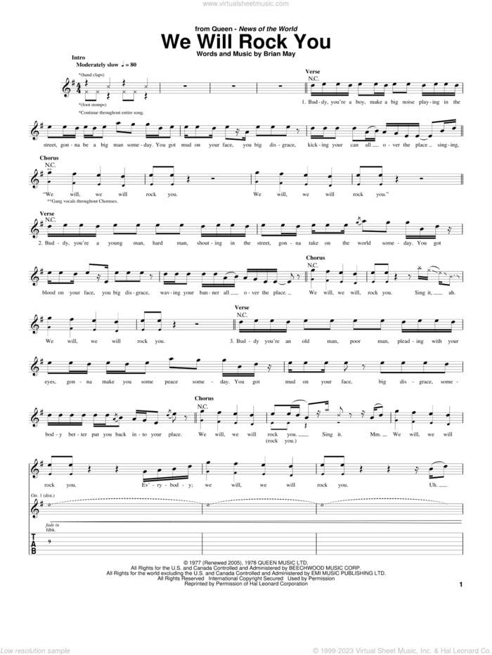 We Will Rock You sheet music for guitar (tablature) by Queen and Brian May, intermediate skill level