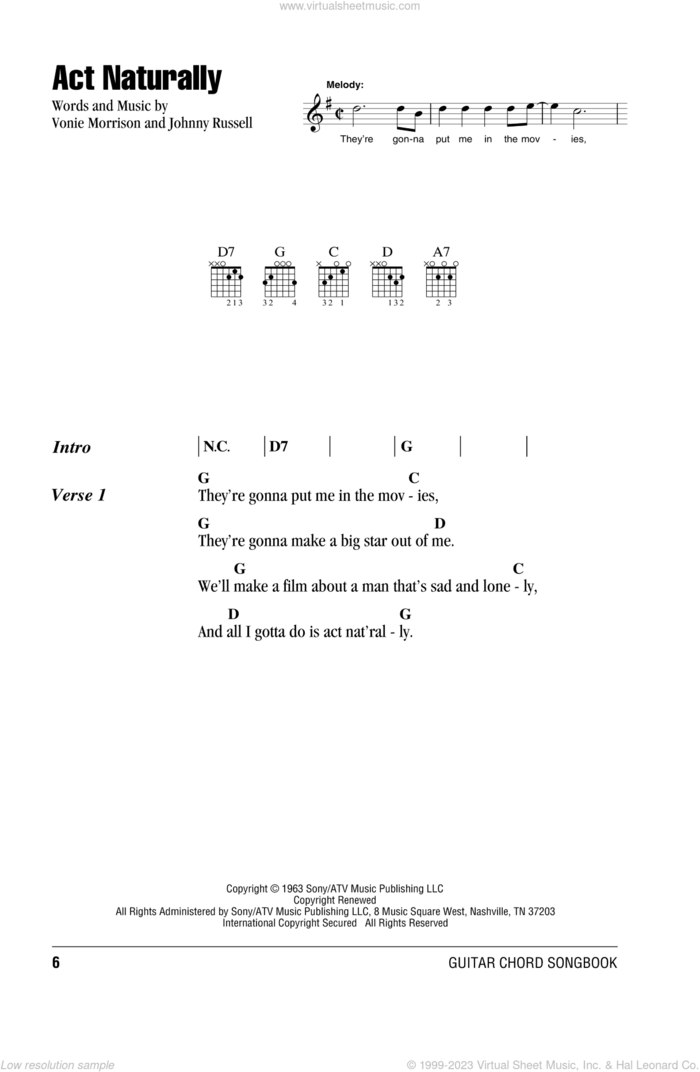 Act Naturally sheet music for guitar (chords) by Buck Owens, The Beatles, Johnny Russell and Vonie Morrison, intermediate skill level