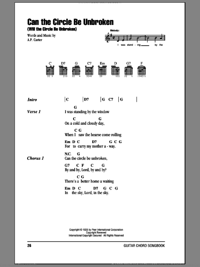 Can The Circle Be Unbroken (Will The Circle Be Unbroken) sheet music for guitar (chords) by The Carter Family and A.P. Carter, intermediate skill level