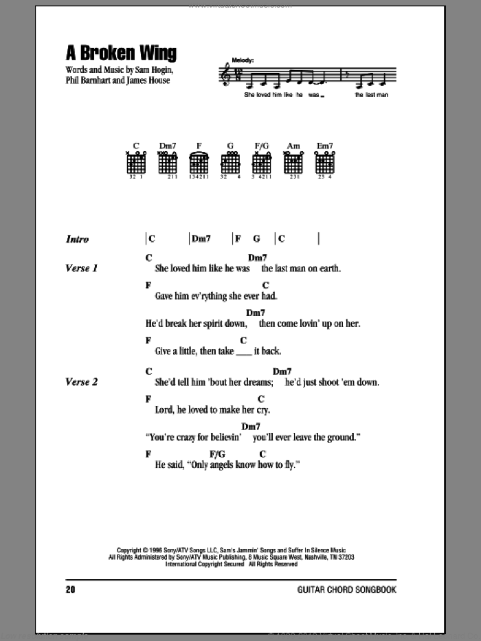 A Broken Wing sheet music for guitar (chords) by Martina McBride, James House, Phil Barnhart and Sam Hogin, intermediate skill level