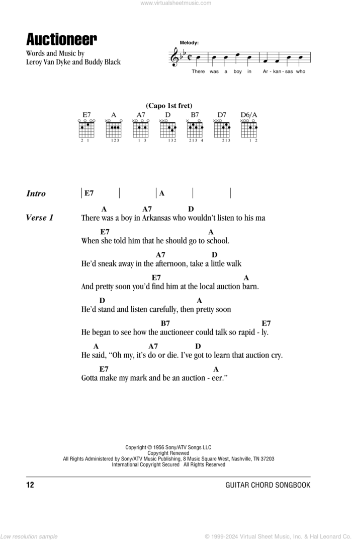 Auctioneer sheet music for guitar (chords) by Leroy Van Dyke and Buddy Black, intermediate skill level