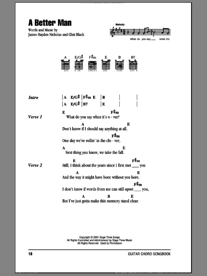 A Better Man sheet music for guitar (chords) by Clint Black and James Hayden Nicholas, intermediate skill level