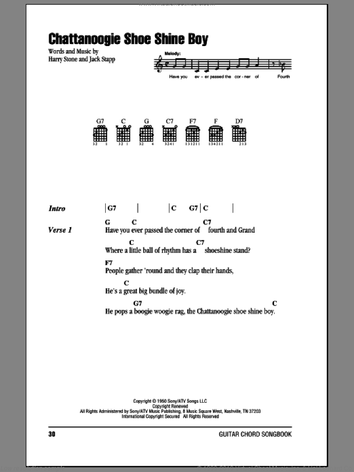 Chattanoogie Shoe Shine Boy sheet music for guitar (chords) by Red Foley, Harry Stone and Jack Stapp, intermediate skill level