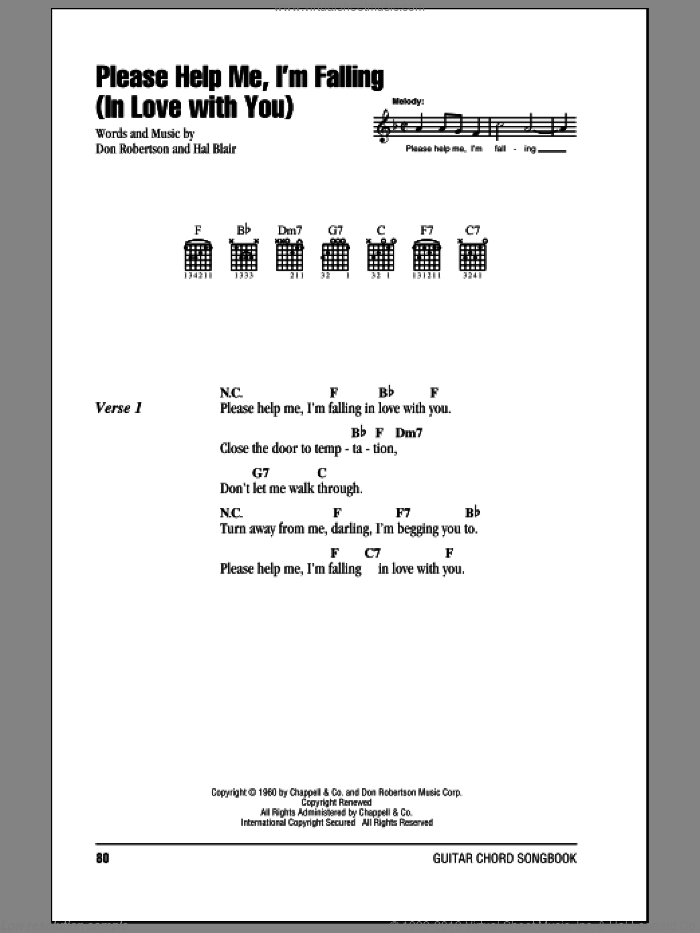 Please Help Me, I'm Falling (In Love With You) sheet music for guitar (chords) by Hank Locklin, Don Robertson and Hal Blair, intermediate skill level