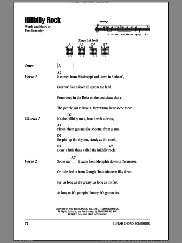 Hillbilly Rock sheet music for guitar (chords) by Marty Stuart and Paul Kennerley, intermediate skill level