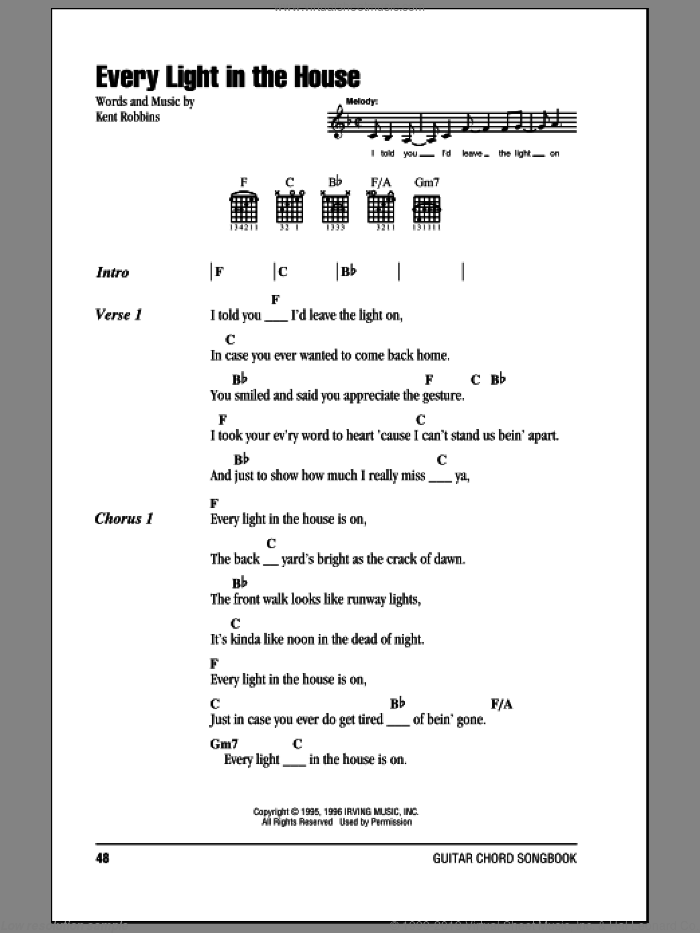 Every Light In The House sheet music for guitar (chords) by Trace Adkins and Kent Robbins, intermediate skill level
