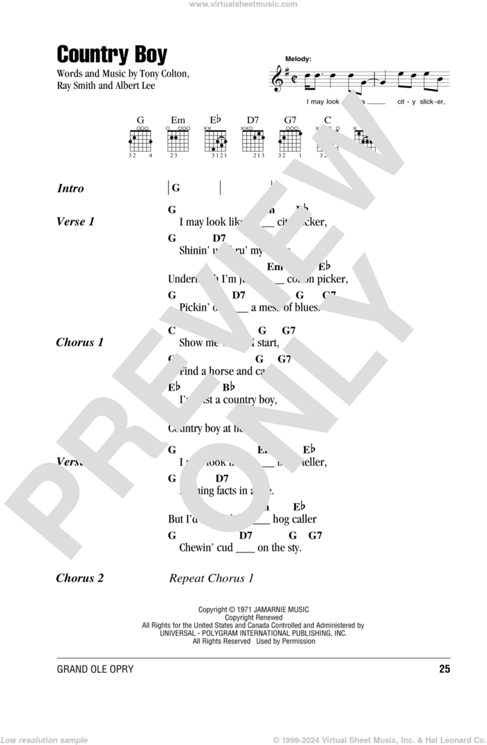 Country Boy sheet music for guitar (chords) by Ricky Skaggs, Albert Lee, Ray Smith and Tony Colton, intermediate skill level