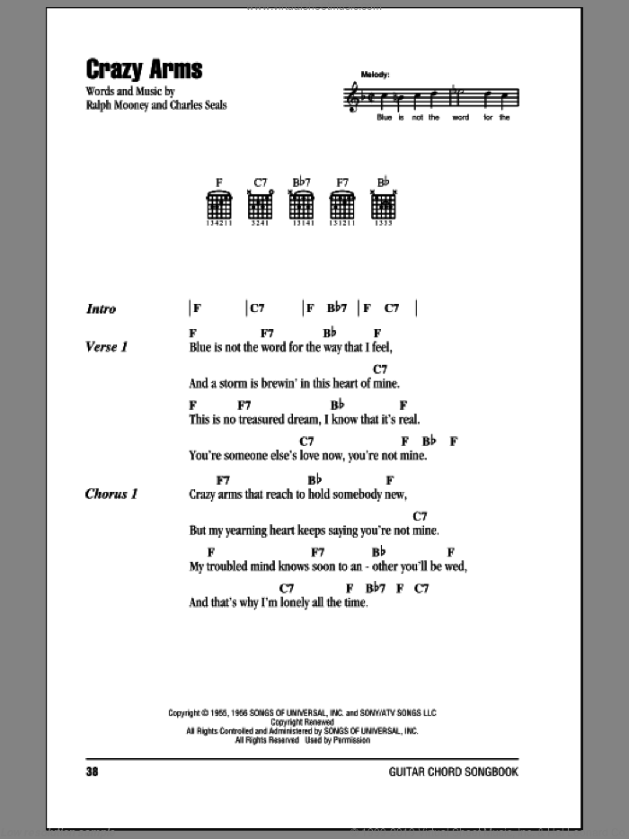 Crazy Arms sheet music for guitar (chords) by Ray Price, Charles Seals and Ralph Mooney, intermediate skill level