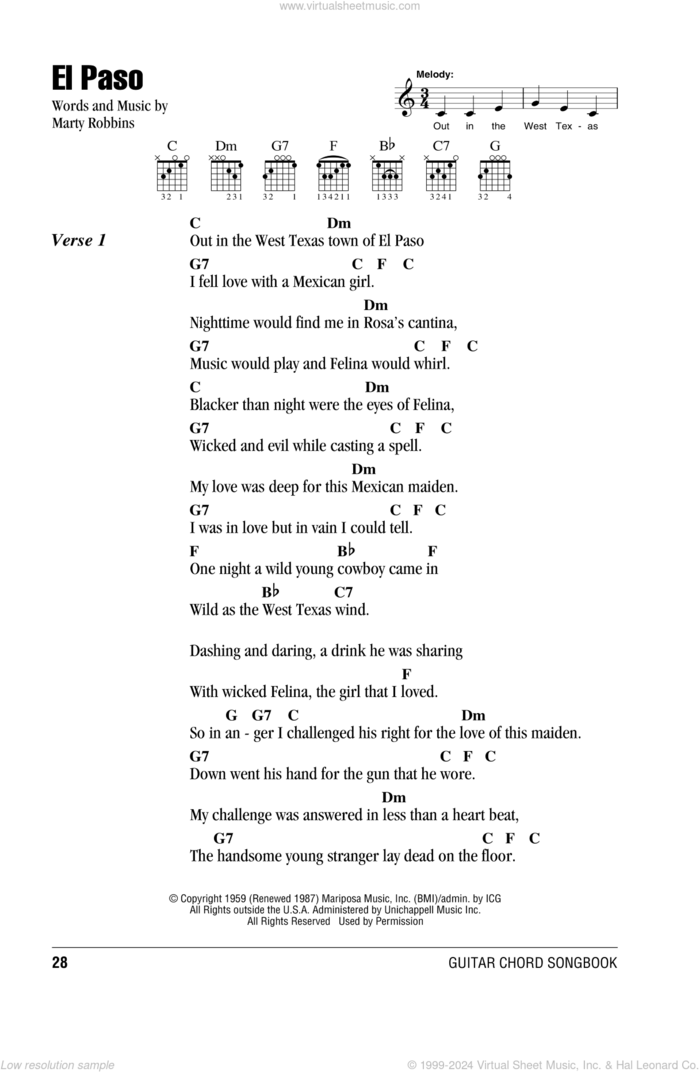 El Paso sheet music for guitar (chords) by Marty Robbins, intermediate skill level