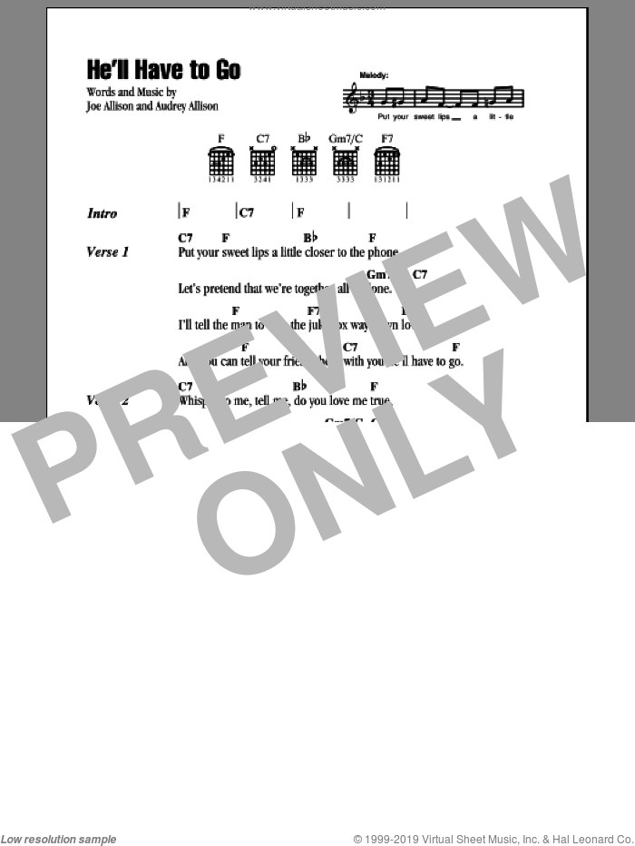 He'll Have To Go sheet music for guitar (chords) by Jim Reeves, Audrey Allison and Joe Allison, intermediate skill level