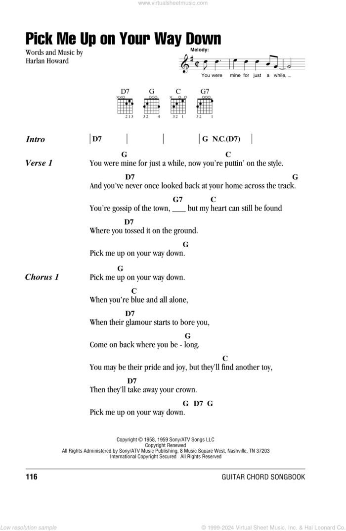 Pick Me Up On Your Way Down sheet music for guitar (chords) by Harlan Howard, intermediate skill level