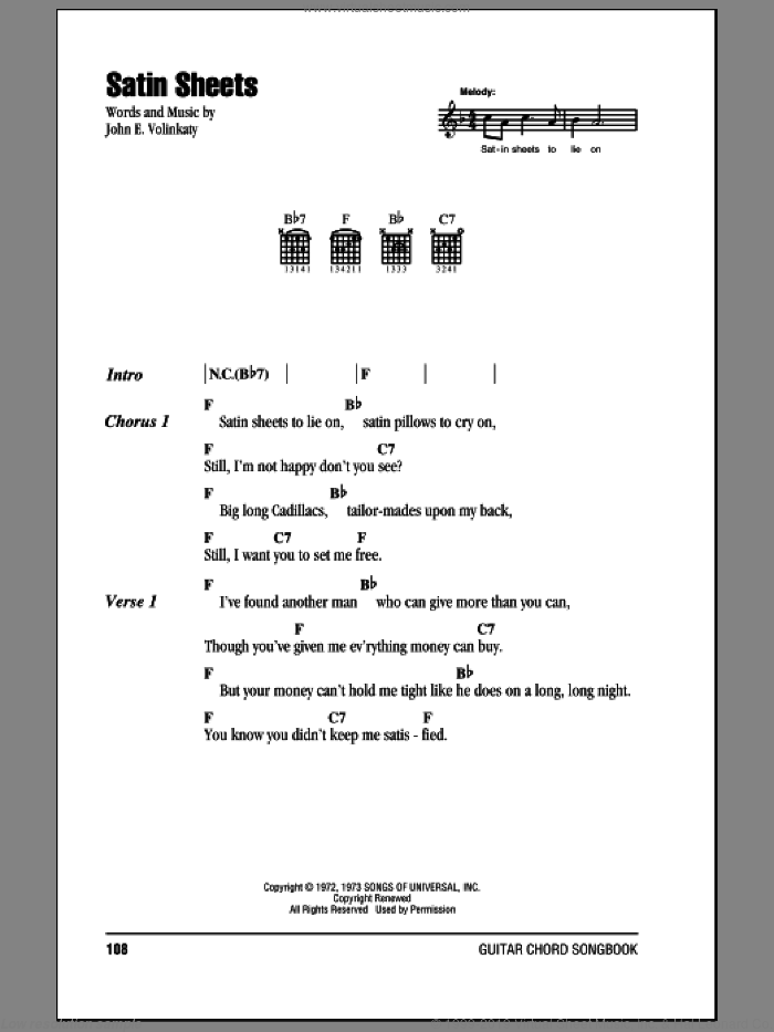 Satin Sheets sheet music for guitar (chords) by Jeanne Pruett and John E. Volinkaty, intermediate skill level