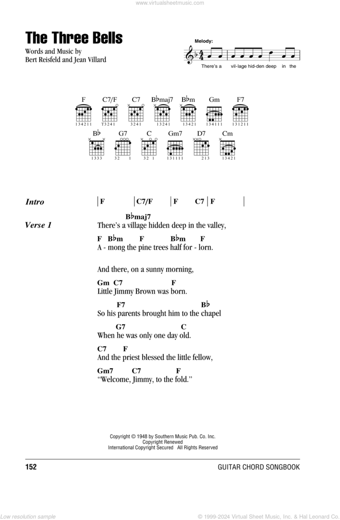 The Three Bells sheet music for guitar (chords) by The Browns, Bert Reisfeld and Jean Villard, intermediate skill level