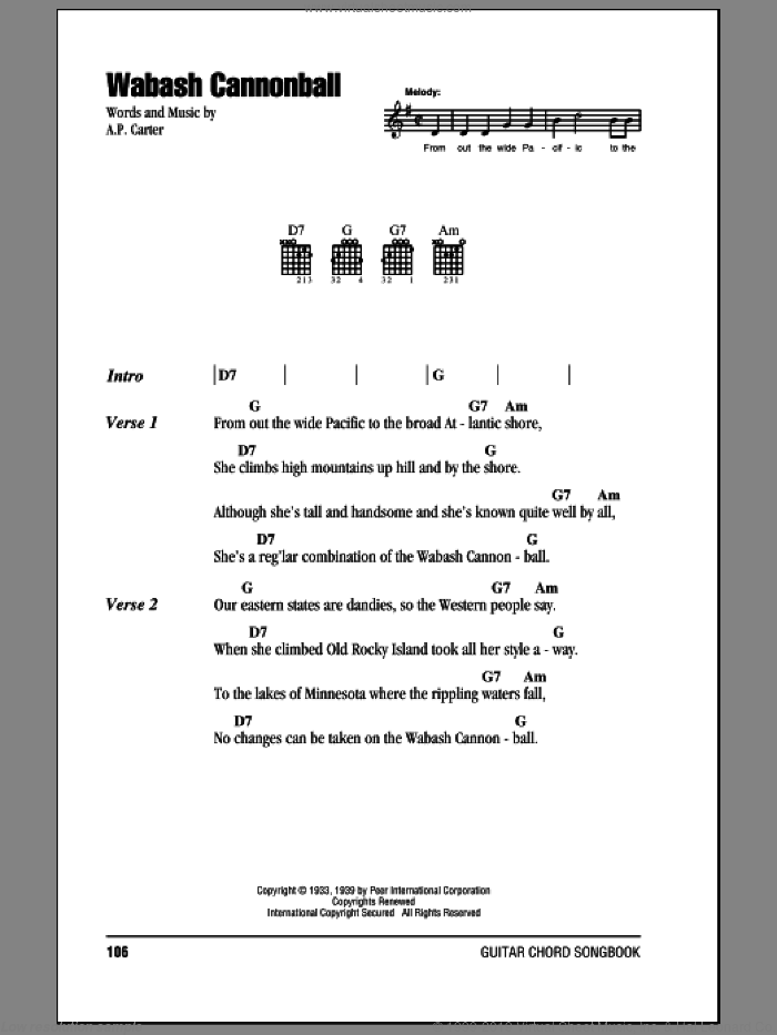 Wabash Cannonball sheet music for guitar (chords) by Roy Acuff, The Carter Family and A.P. Carter, intermediate skill level