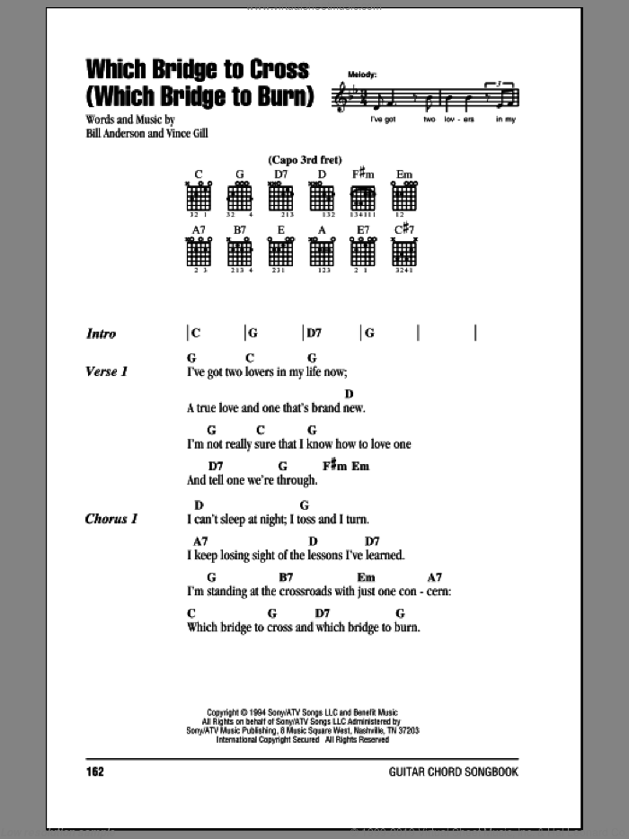 Which Bridge To Cross (Which Bridge To Burn) sheet music for guitar (chords) by Vince Gill and Bill Anderson, intermediate skill level