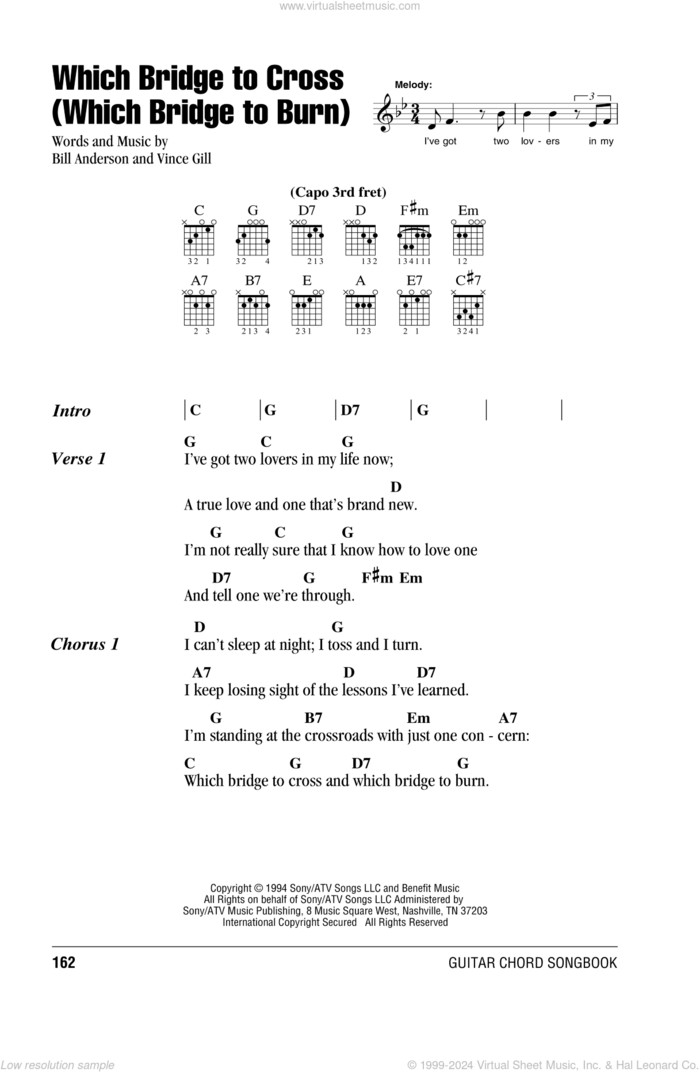 Which Bridge To Cross (Which Bridge To Burn) sheet music for guitar (chords) by Vince Gill and Bill Anderson, intermediate skill level