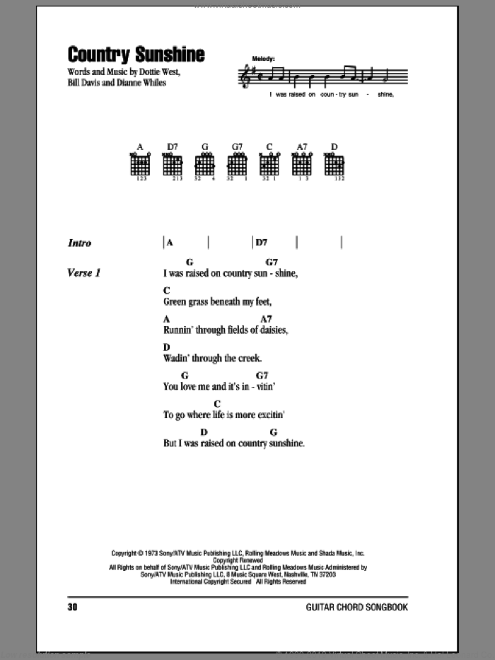 Country Sunshine sheet music for guitar (chords) by Dottie West, Bill Davis and Dianne Whiles, intermediate skill level
