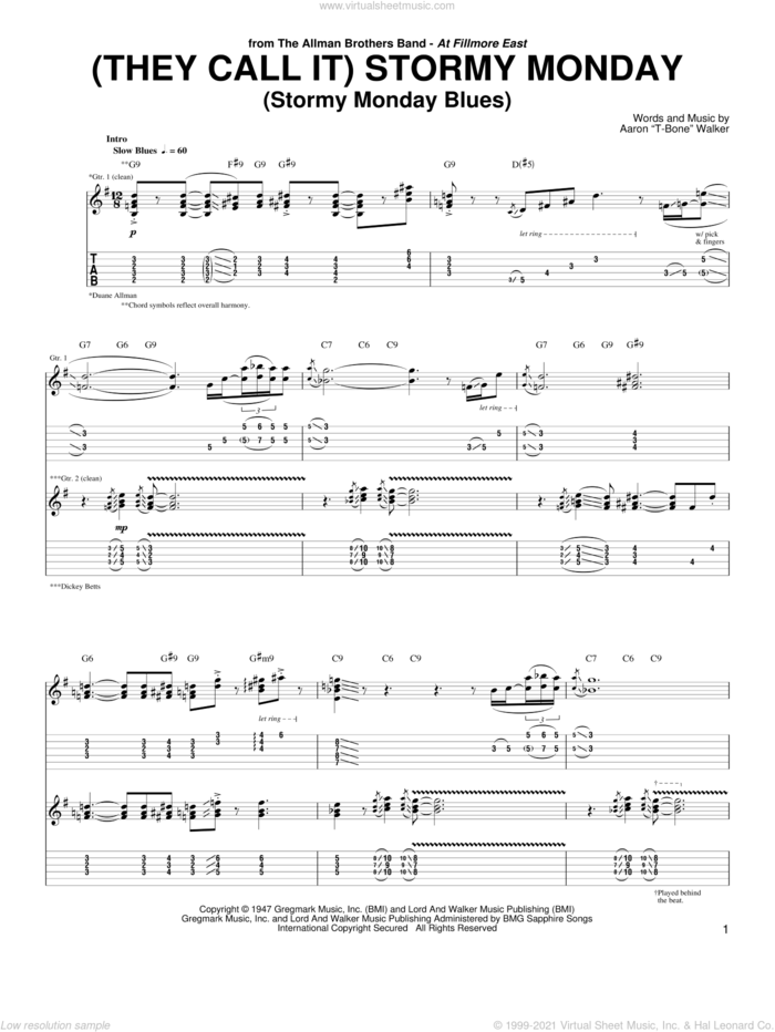 (They Call It) Stormy Monday (Stormy Monday Blues) sheet music for guitar (tablature) by Allman Brothers Band and Aaron 'T-Bone' Walker, intermediate skill level