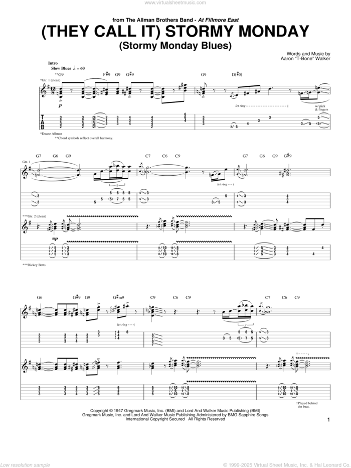 (They Call It) Stormy Monday (Stormy Monday Blues) sheet music for guitar (tablature) by Allman Brothers Band and Aaron 'T-Bone' Walker, intermediate skill level