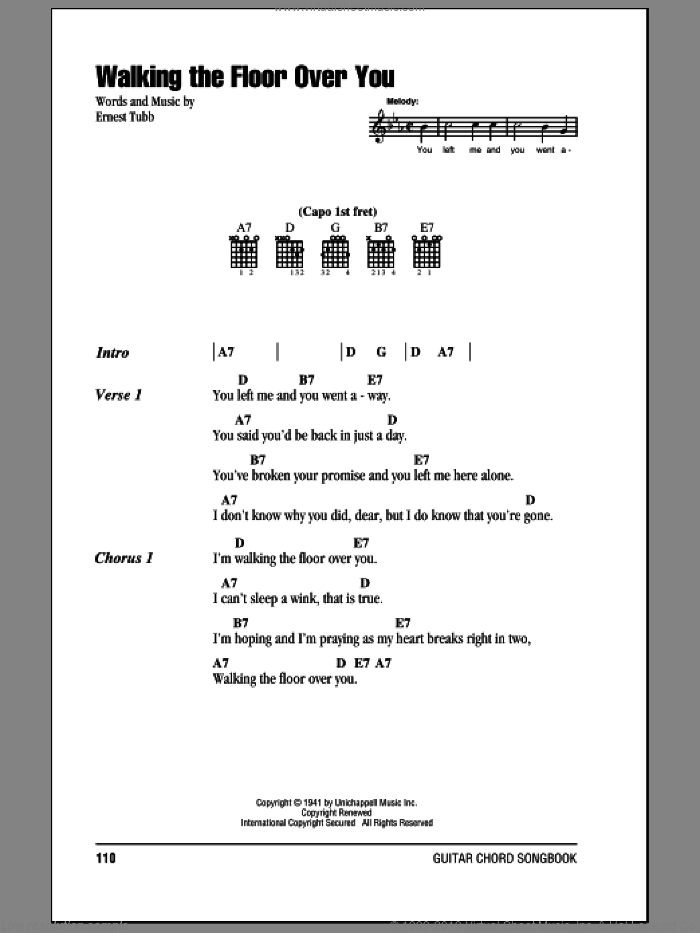 Walking The Floor Over You sheet music for guitar (chords) by Ernest Tubb, intermediate skill level