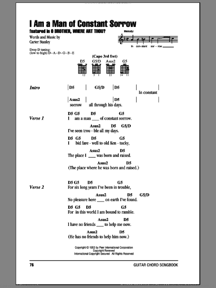 I Am A Man Of Constant Sorrow sheet music for guitar (chords) by The Soggy Bottom Boys, O Brother, Where Art Thou? (Movie) and Carter Stanley, intermediate skill level