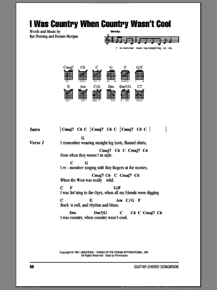I Was Country When Country Wasn't Cool sheet music for guitar (chords) by Barbara Mandrell, Dennis Morgan and Kye Fleming, intermediate skill level