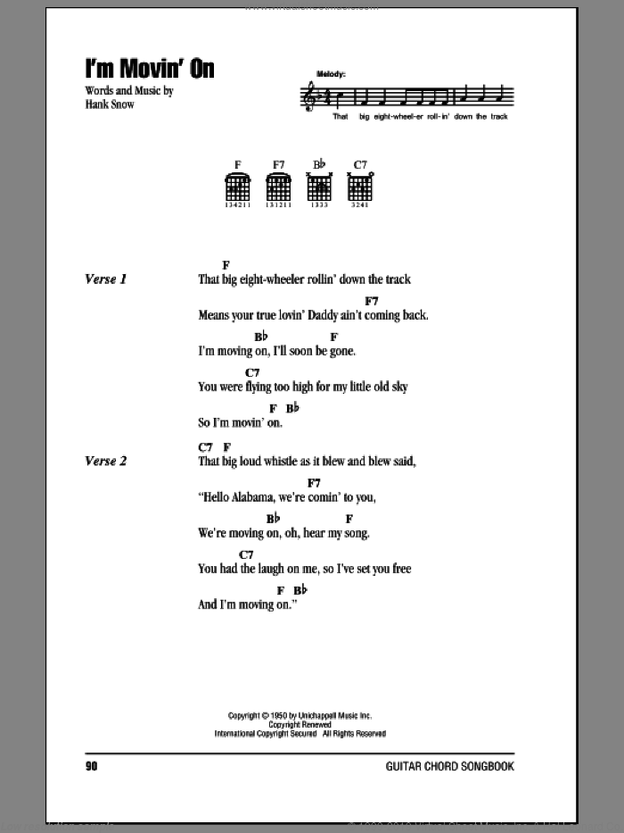 I'm Movin' On sheet music for guitar (chords) by Hank Snow, intermediate skill level