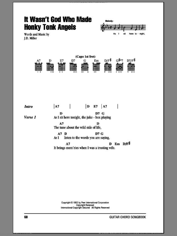 It Wasn't God Who Made Honky Tonk Angels sheet music for guitar (chords) by Kitty Wells and J.D. Miller, intermediate skill level