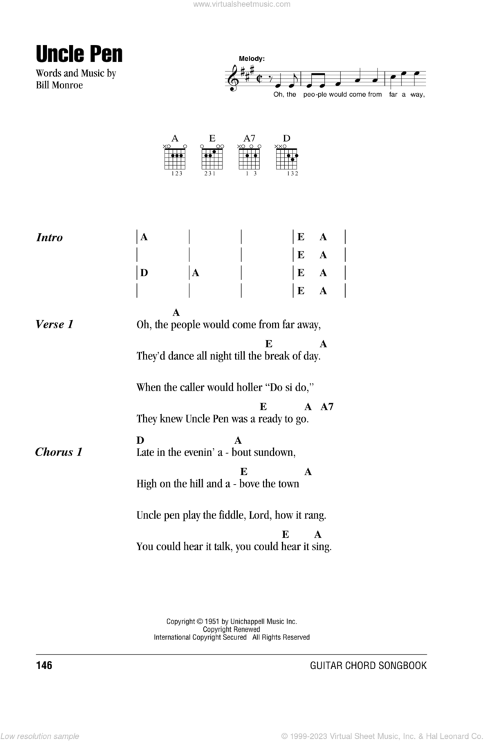 Uncle Pen sheet music for guitar (chords) by Bill Monroe, intermediate skill level