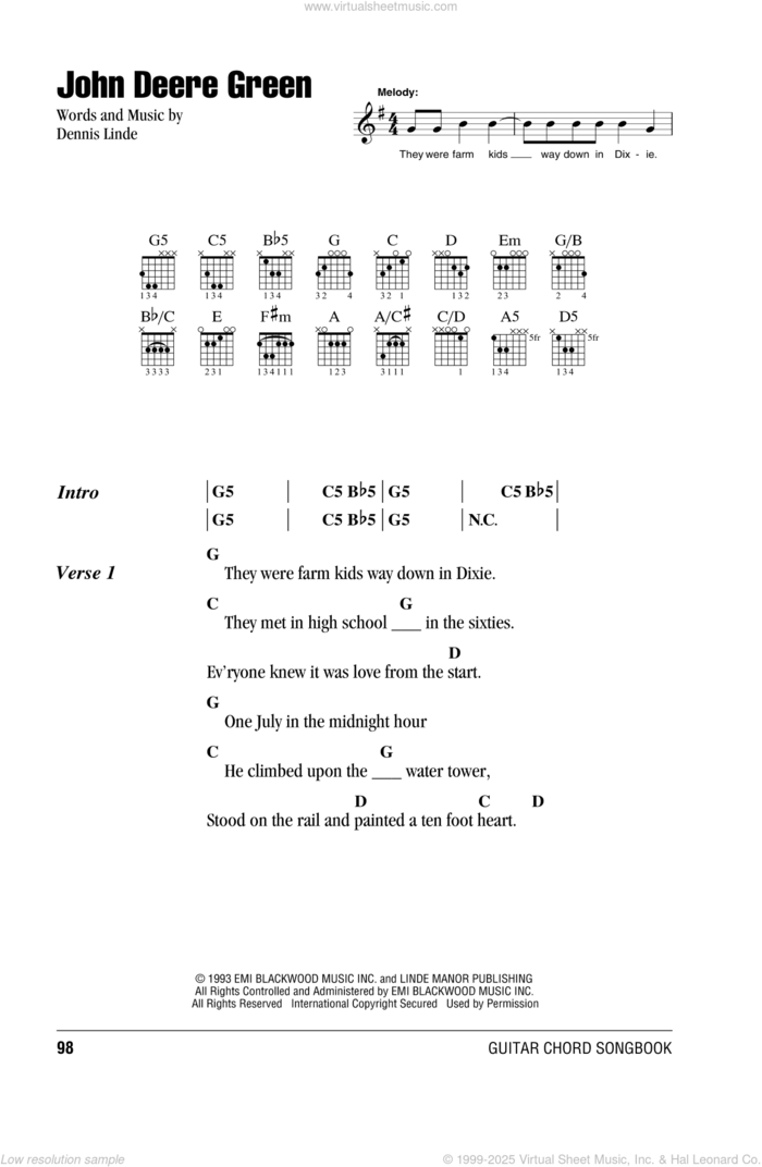 John Deere Green sheet music for guitar (chords) by Joe Diffie and Dennis Linde, intermediate skill level