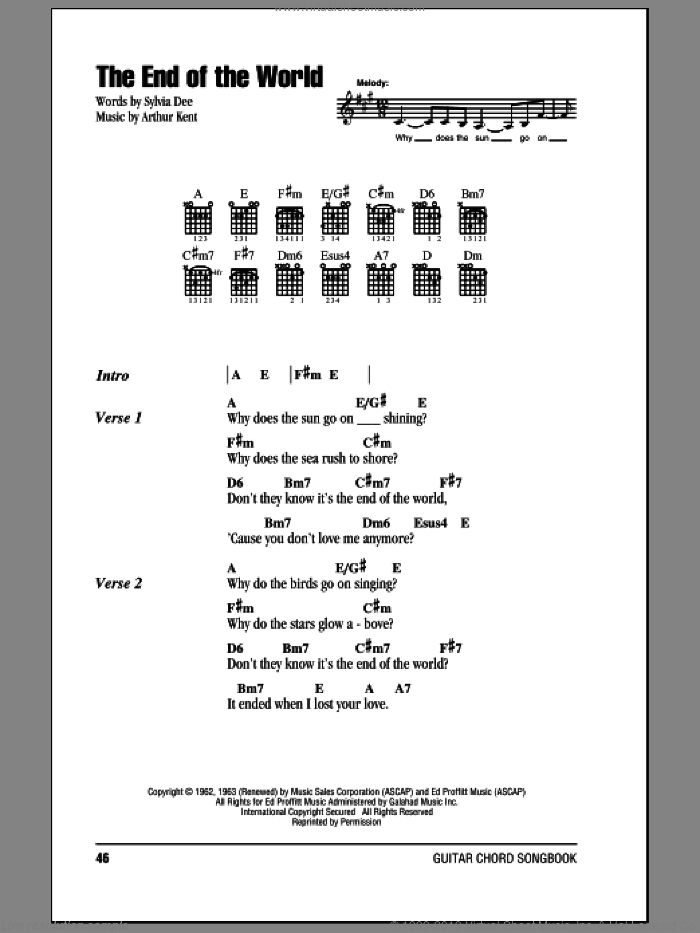The End Of The World sheet music for guitar (chords) by Carpenters, Skeeter Davis, Arthur Kent and Sylvia Dee, intermediate skill level