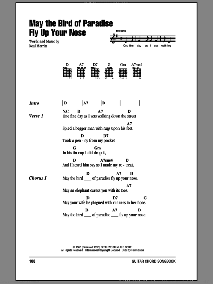May The Bird Of Paradise Fly Up Your Nose sheet music for guitar (chords) by 'Little' Jimmy Dickens and Neal Merritt, intermediate skill level