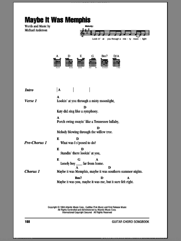 Maybe It Was Memphis sheet music for guitar (chords) by Pam Tillis and Michael Anderson, intermediate skill level