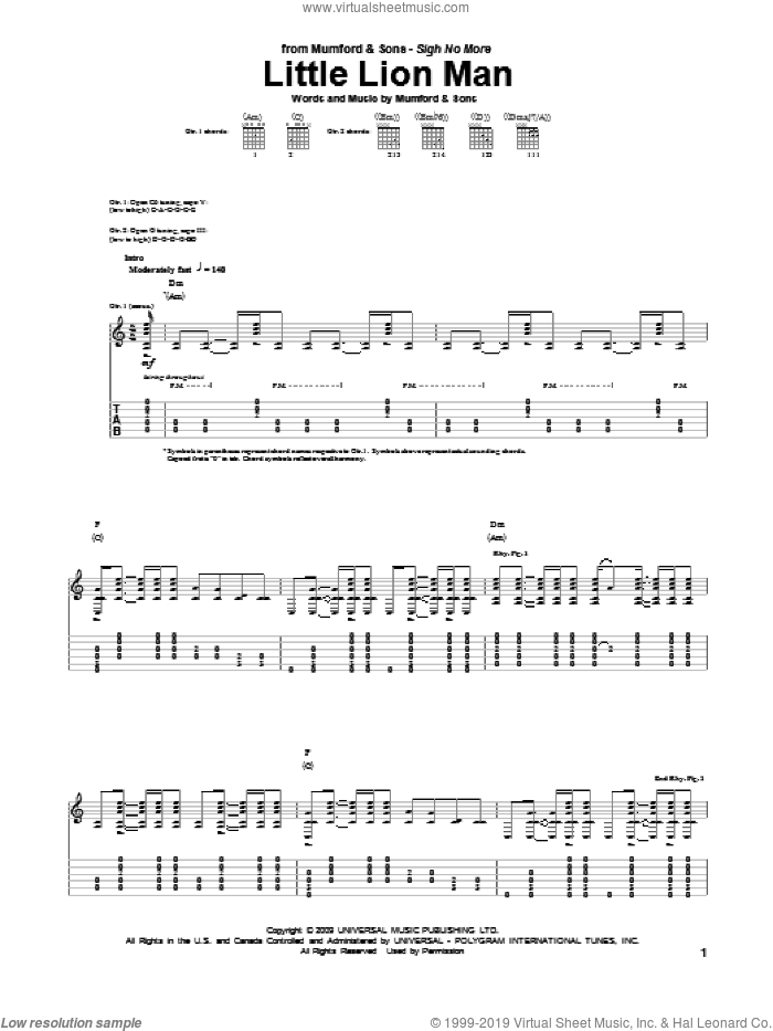 Little Lion Man sheet music for guitar (tablature) by Mumford & Sons and Marcus Mumford, intermediate skill level