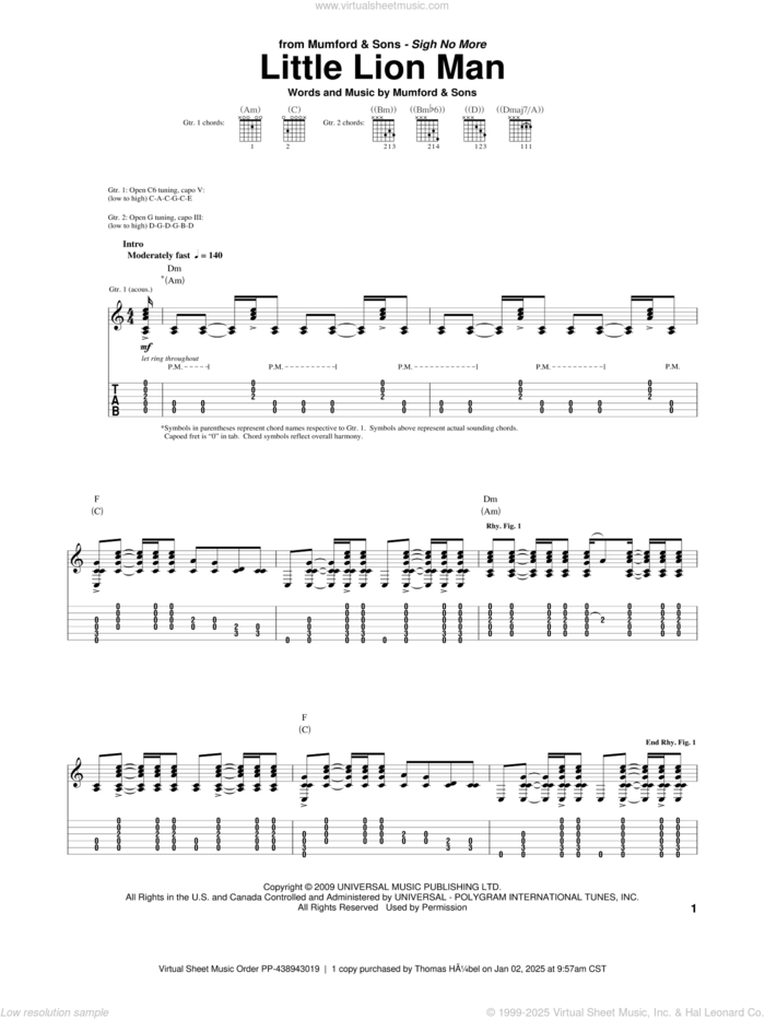 Little Lion Man sheet music for guitar (tablature) by Mumford & Sons and Marcus Mumford, intermediate skill level