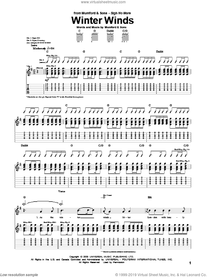 Winter Winds sheet music for guitar (tablature) by Mumford & Sons and Marcus Mumford, intermediate skill level