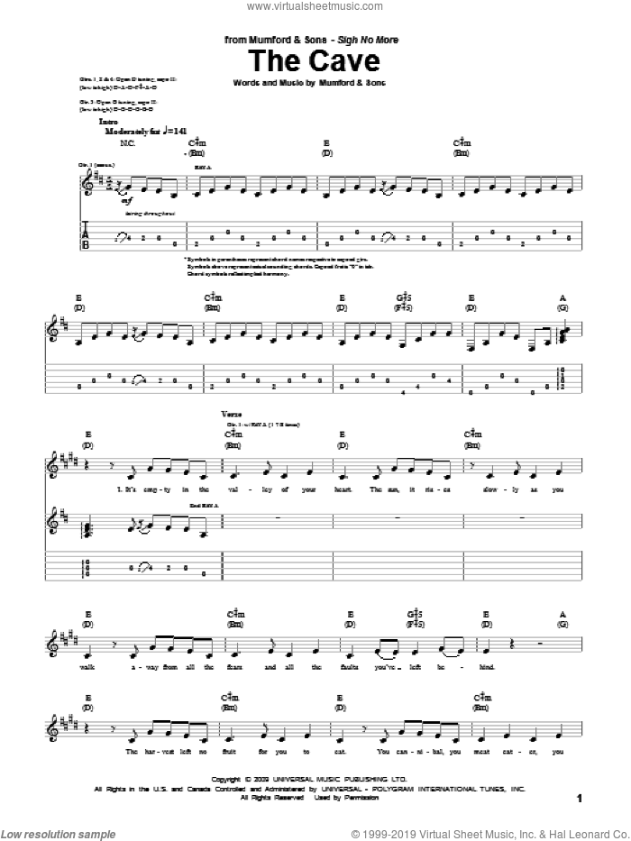 The Cave sheet music for guitar (tablature) by Mumford & Sons and Marcus Mumford, intermediate skill level
