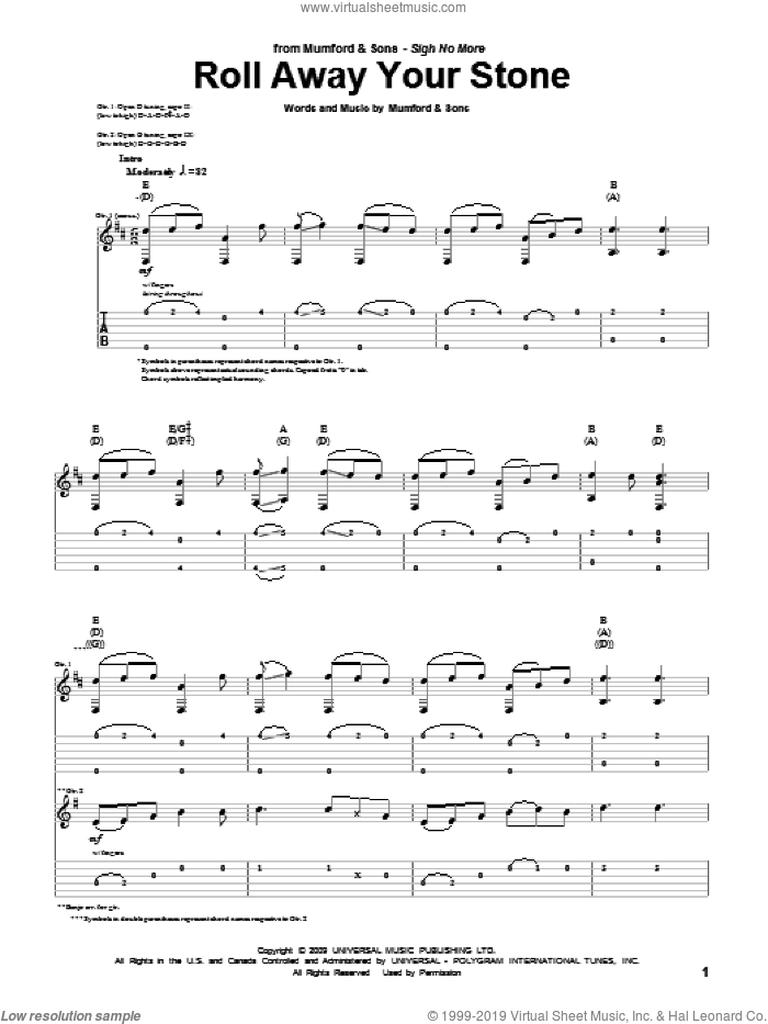 Roll Away Your Stone sheet music for guitar (tablature) by Mumford & Sons and Marcus Mumford, intermediate skill level