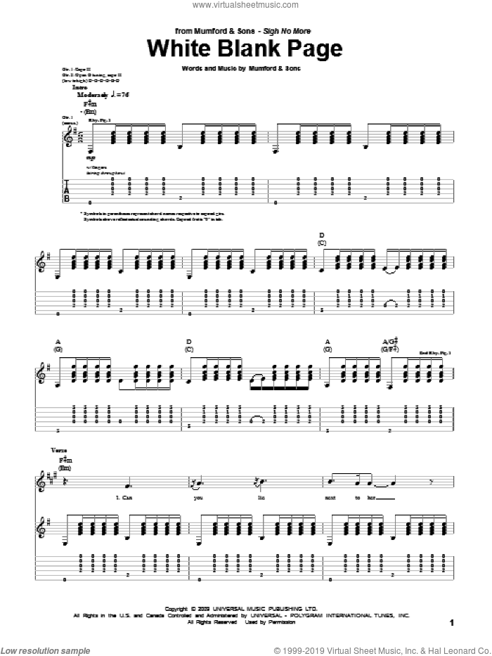 White Blank Page sheet music for guitar (tablature) by Mumford & Sons and Marcus Mumford, intermediate skill level