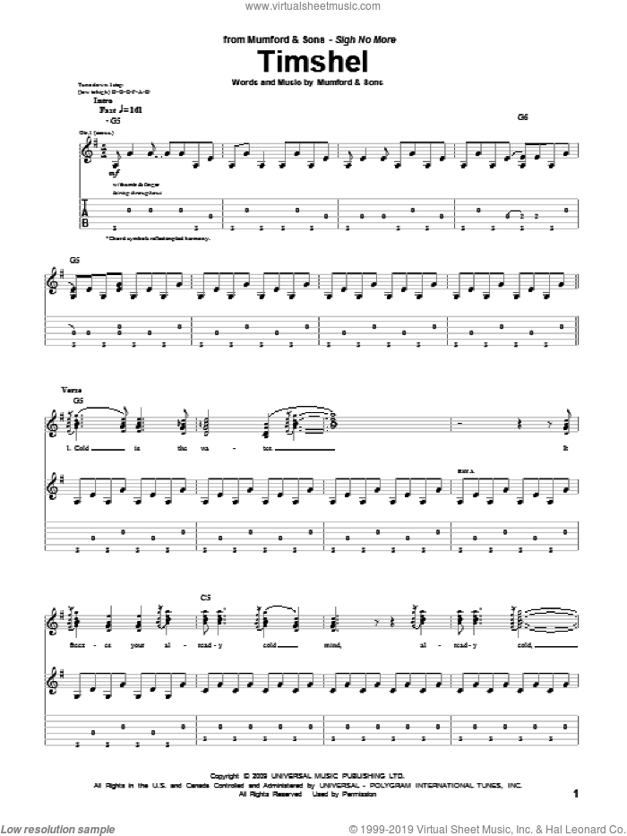 Timshel sheet music for guitar (tablature) by Mumford & Sons and Marcus Mumford, intermediate skill level