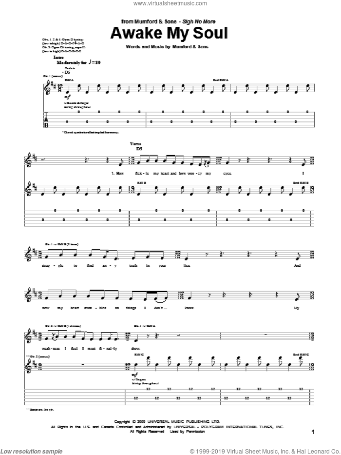 Awake My Soul sheet music for guitar (tablature) by Mumford & Sons and Marcus Mumford, intermediate skill level