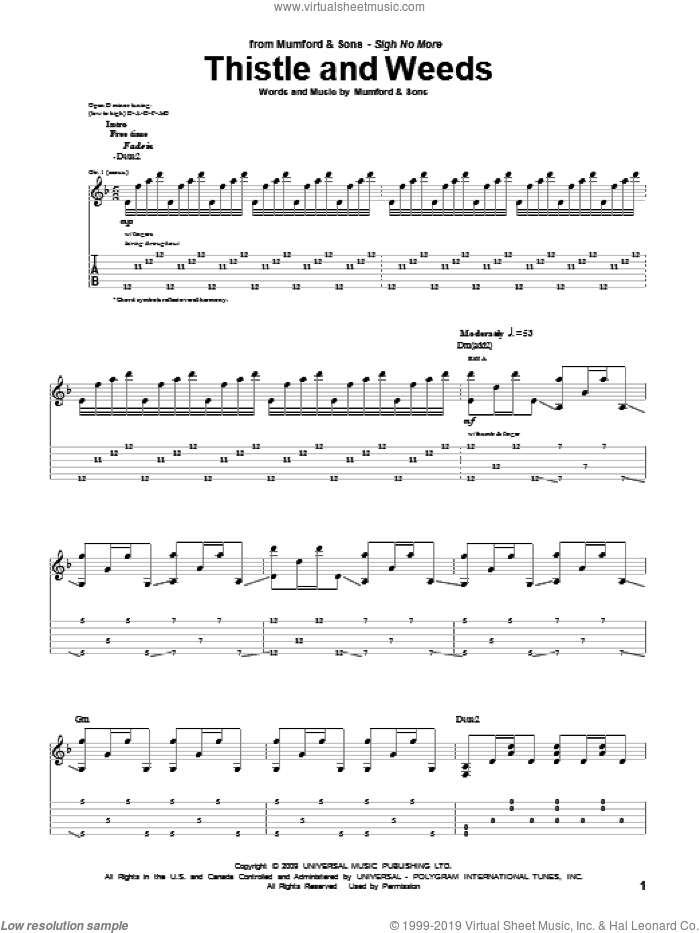 Thistle And Weeds sheet music for guitar (tablature) by Mumford & Sons and Marcus Mumford, intermediate skill level
